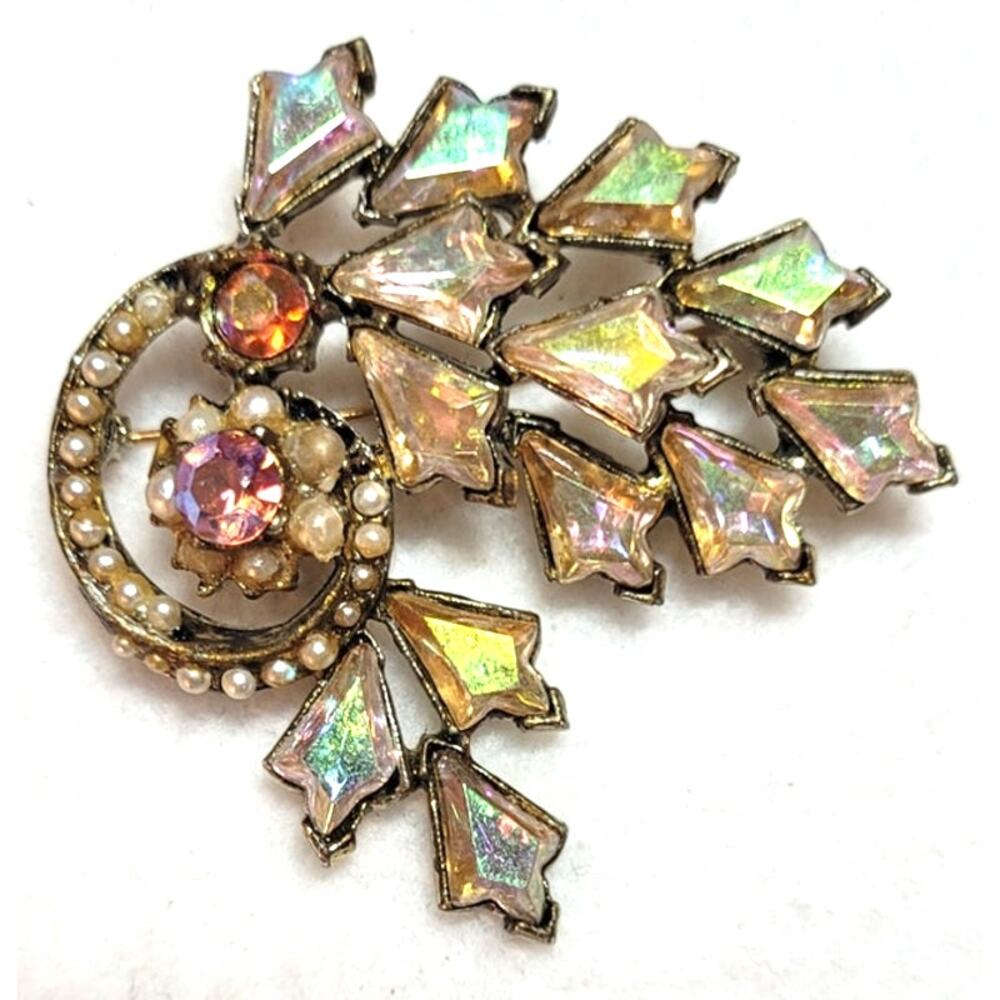Vintage MCM Gold Tone Multi-Color AB Rhinestone Leaf Spray Brooch Unsigned
